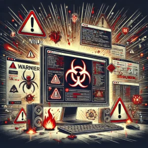 Dall·e 2024 09 11 20.42.28 A Detailed Illustration Of A Computer Infected With A Virus. The Screen Shows Warning Messages, Red Error Symbols, And A Large Alert Icon Indicating T