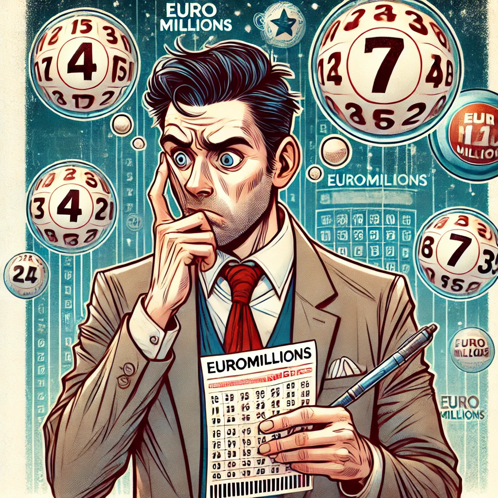 Dall·e 2024 09 11 20.58.50 An Illustration Of A Man Looking Confused And Indecisive As He Tries To Choose Numbers For The Euromillions Lottery. He Is Holding A Lottery Ticket In